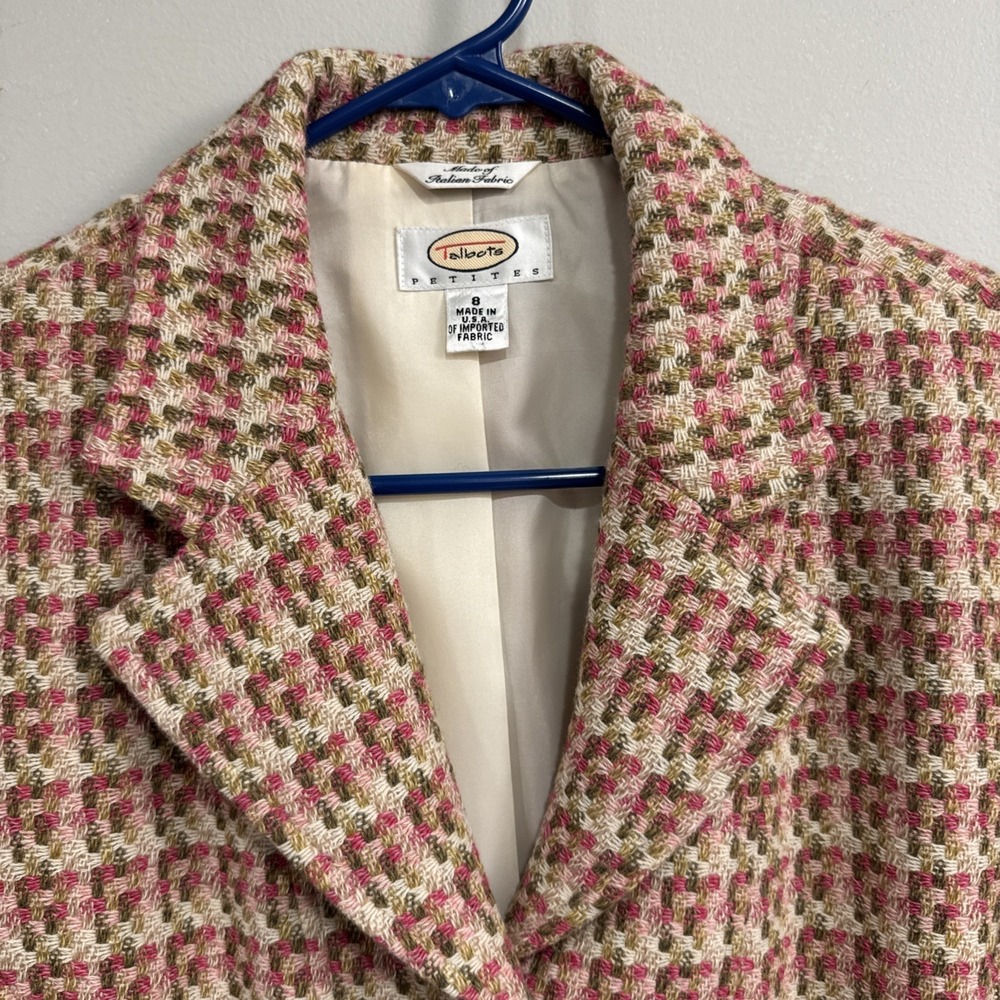 Talbot Women Tweed Wool Blazer Coat Italian Fabric Pink Plaid Sz 8 Petites USA - Picture 3 of 14